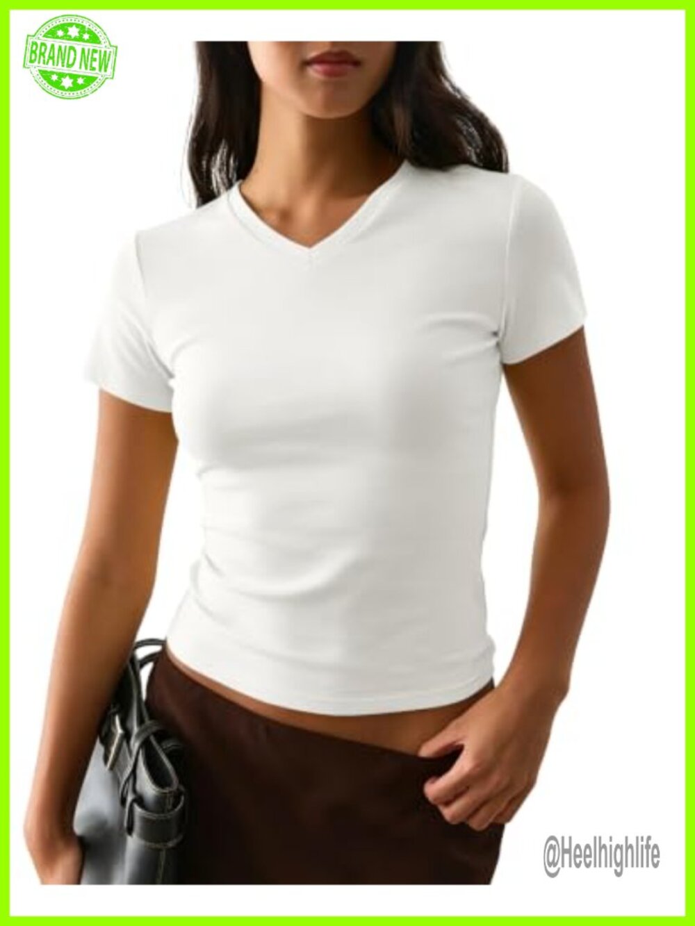 High V Neck Short Sleeve Crop Tee Cotton Slim Fit Baby Tee Y2K Top